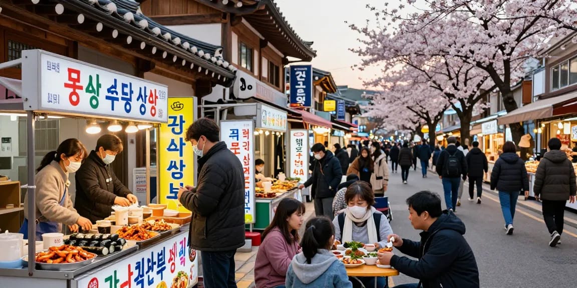 Vibrant street scene in 상봉동 한국관 with local vendors and families enjoying Korean food.