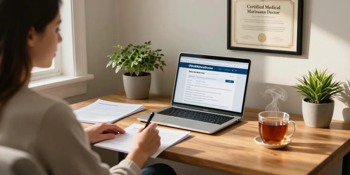 Patient applying for an MMJ card Ohio in a cozy home office setting.