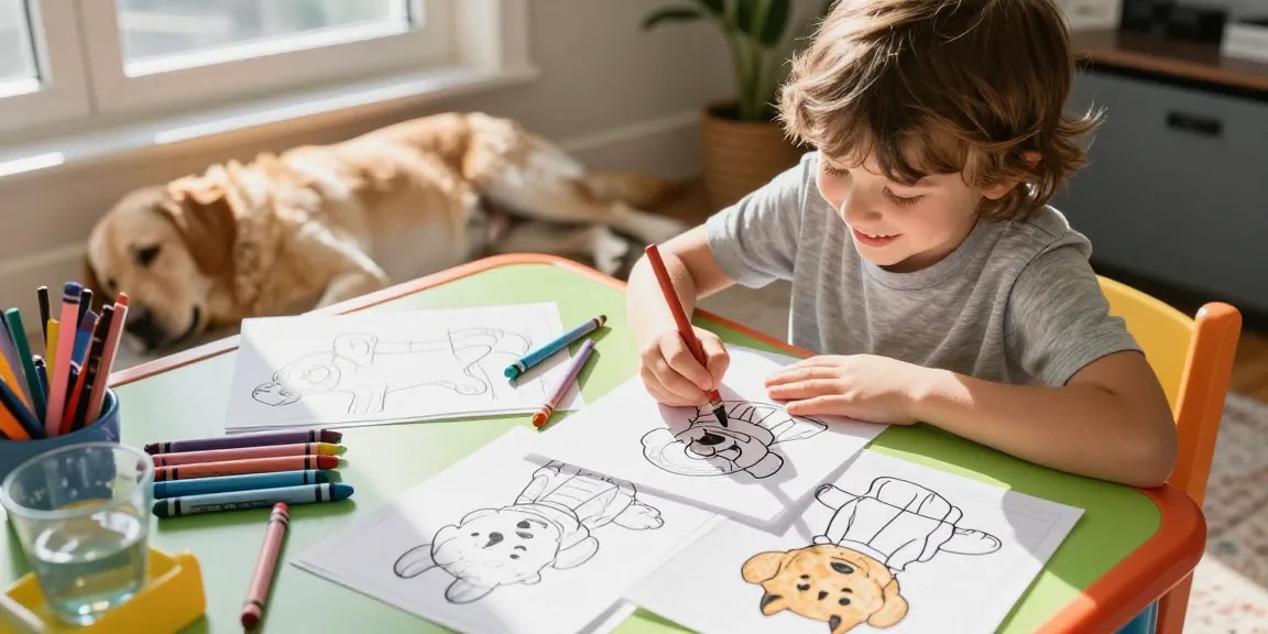 Engaging educational coloring activity featuring a child coloring a happy Labrador Retriever.