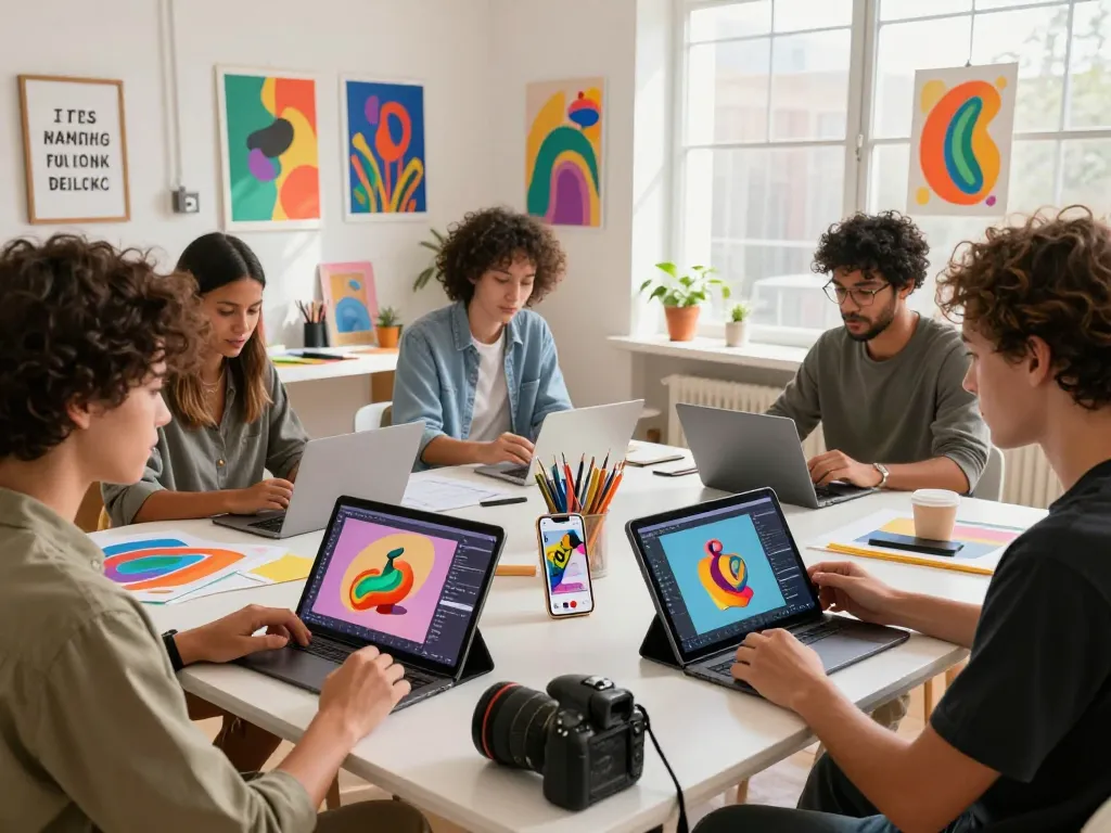 Artists collaborating in a vibrant studio using nano banana 2 for dynamic image editing.