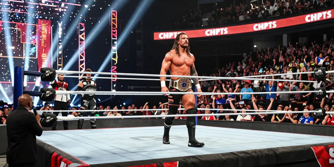 Roman Reigns title reign showcased in a dynamic wrestling match scene with fans, stage lighting, and championship atmosphere.