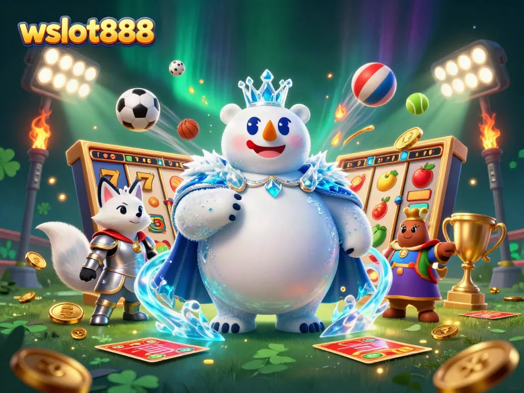 Ilustrasi slot wslot888 menampilkan beruang kutub kartun raja es dan rubah salju yang bersenjata, dikelilingi oleh elemen permainan.