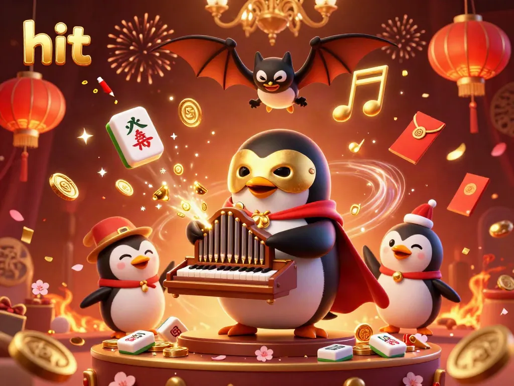 Experience the thrill of hit gambling with a vibrant 3D scene of a penguin playing organ coins raining down.
