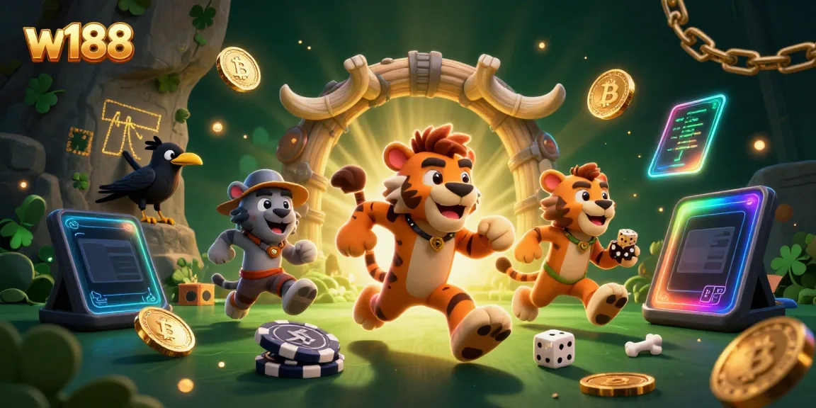 Experience w188 with a lively 3D casino scene featuring cartoon cavemen and crypto elements.