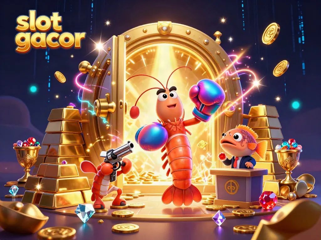Engage with the vibrant slot gacor scene featuring cartoon characters celebrating amidst treasures and gaming symbols.