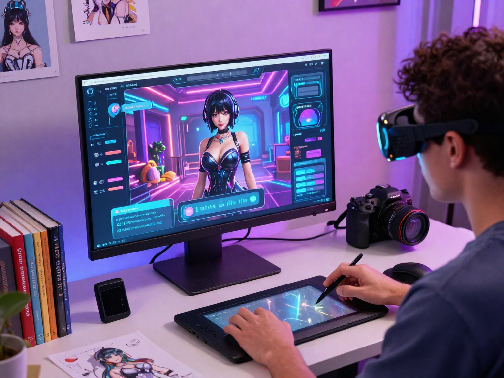 Engaging scene of a user interacting with a hentai ai chat interface, showcasing futuristic technology in a creative workspace.
