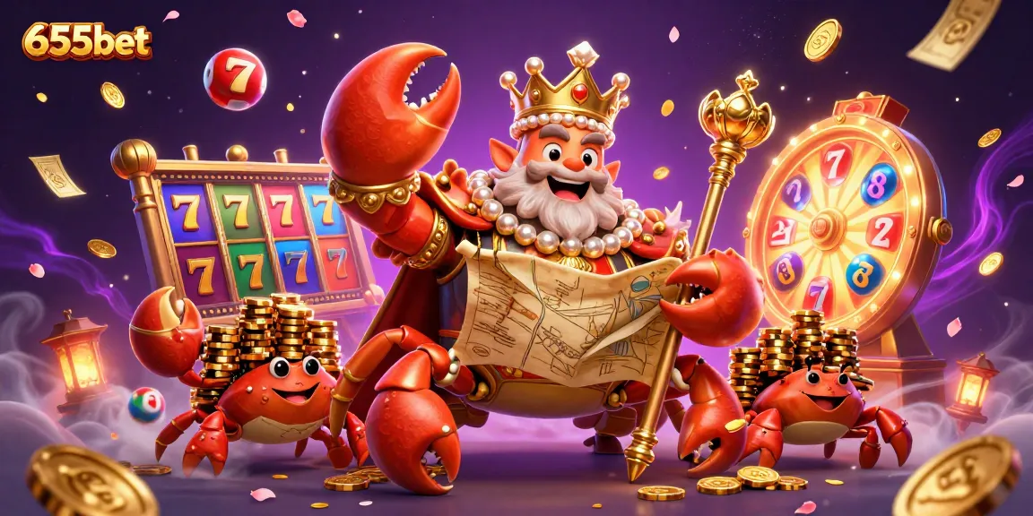 Experience the thrill of 655bet's dynamic gaming scene featuring a golden crab emperor amidst slot reels and vibrant elements.