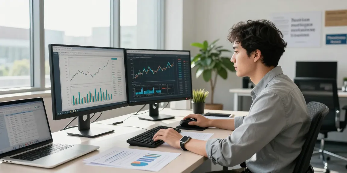 Streamlined office scene showcasing asset tracing analysis in action with financial data on screens.