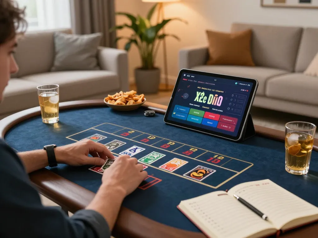 Xóc đĩa gameplay session on tablet in a cozy living room with drinks and notes.
