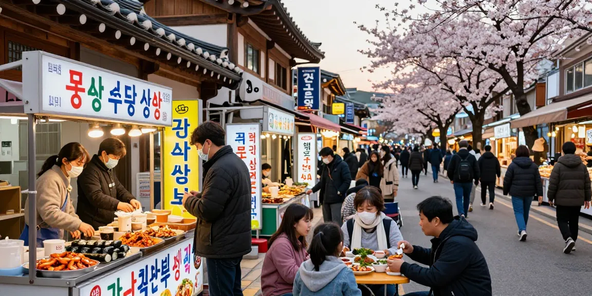 Vibrant street scene in 상봉동 한국관 with local vendors and families enjoying Korean food.