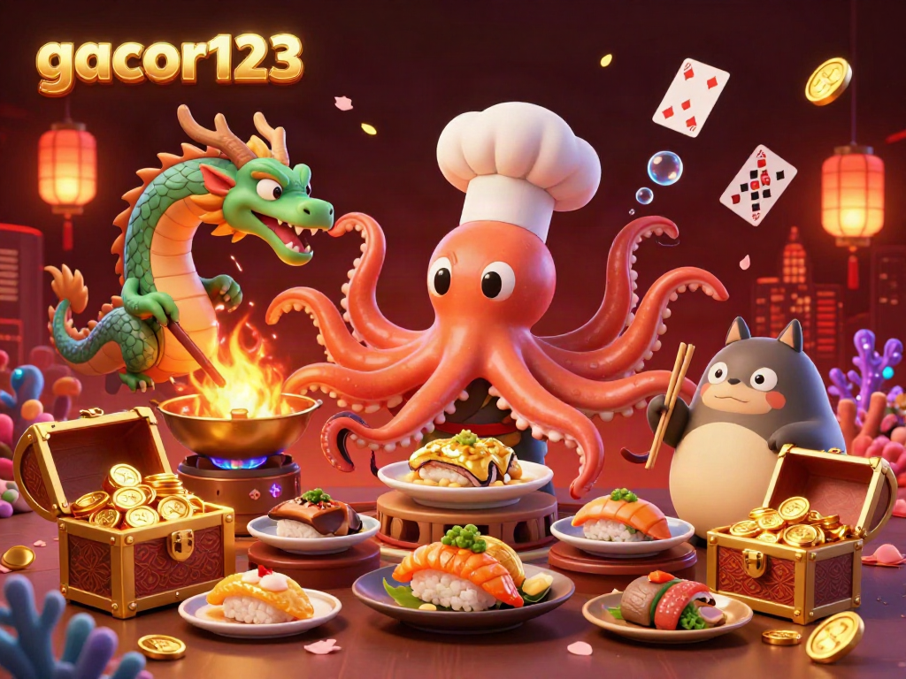 Engage with gacor123 as a sushi chef octopus and dragon create a vibrant casino experience.