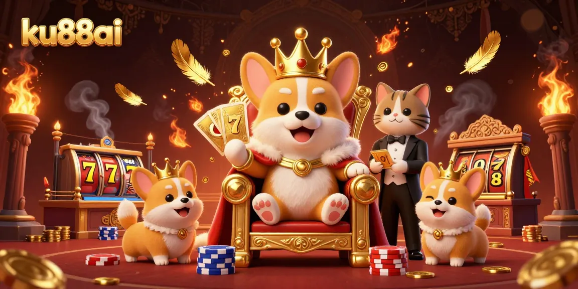 Bring the excitement of ku88ai alive in a lavish casino scene featuring a royal corgi and feline butler.