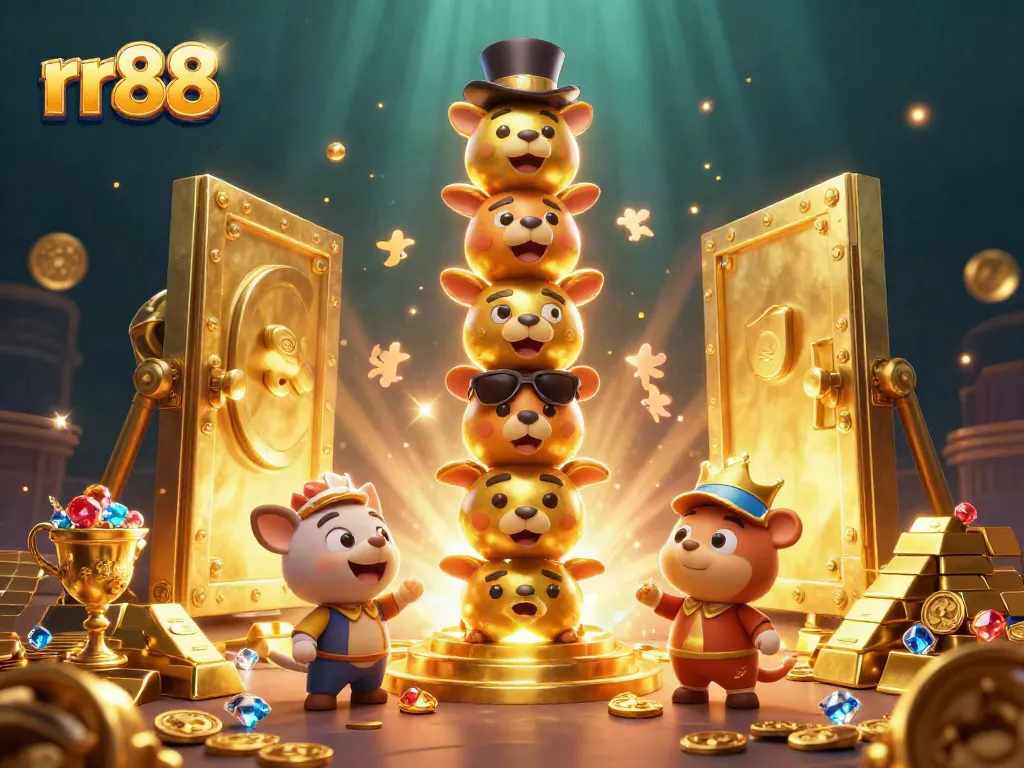 Win big with rr88 at our vibrant virtual casino, showcasing a magical totem pole amidst treasures.
