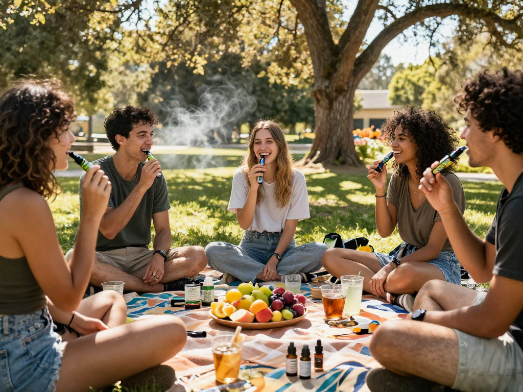 Enjoying Jungle Boys vapes in a sunlit park, showcasing natural wellness with premium cannabis and vibrant social atmosphere.