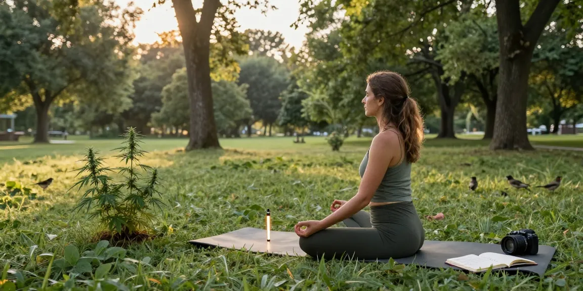 Muha meds vape pen beside a woman meditating in nature, promoting natural wellness and relaxation.