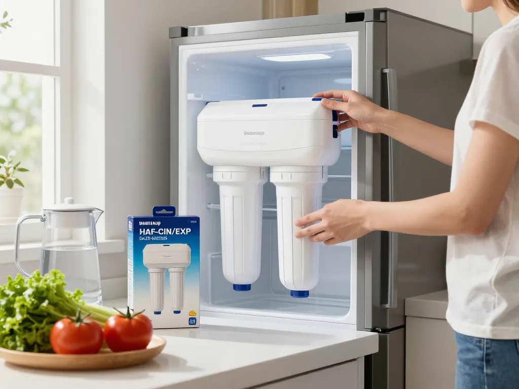 Homeowner replacing Waterdrop DA29-00020B Replacement for Samsung® Water Filter HAF-CIN/EXP, ensuring fresh drinking water in a bright kitchen.