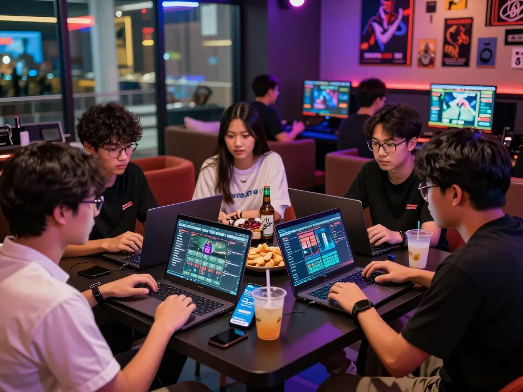 Esports betting Singapore scene with gamers placing wagers on live match outcomes in an energetic lounge.