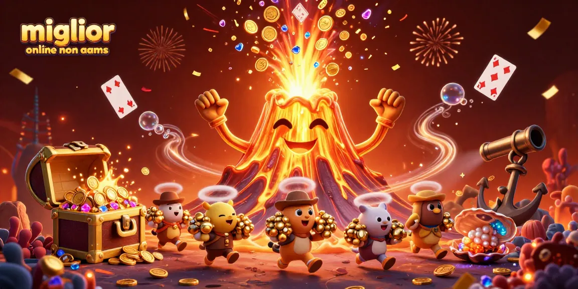 Gioca e vinci nei migliori casino online non aams con un vulcano d'oro e simboli di gioia e premi.