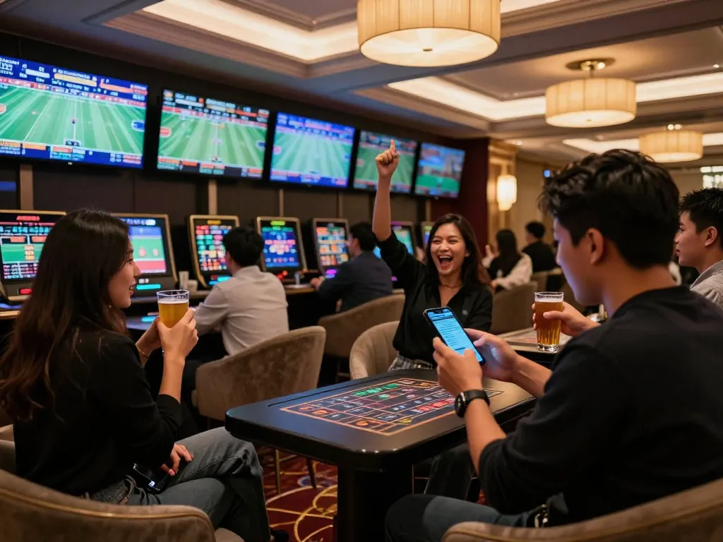 Experience thrilling sports betting action in a vibrant lounge with kèo nhà cái strategies.
