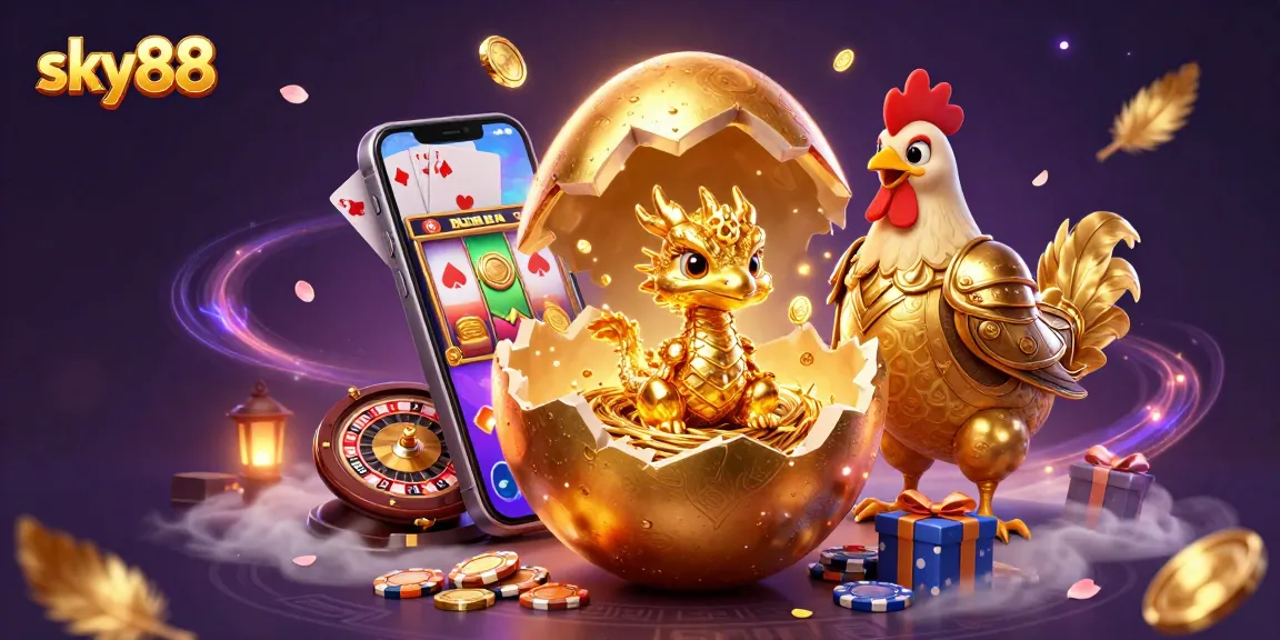 Experience thrilling gaming with sky88, featuring a golden baby dragon surrounded by poker chips and casino elements.
