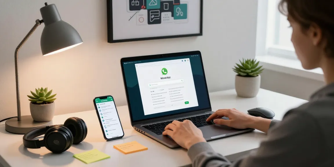 Dynamic workspace featuring WhatsApp電腦版 on laptop with smartphone notifications, showcasing modern communication setup.