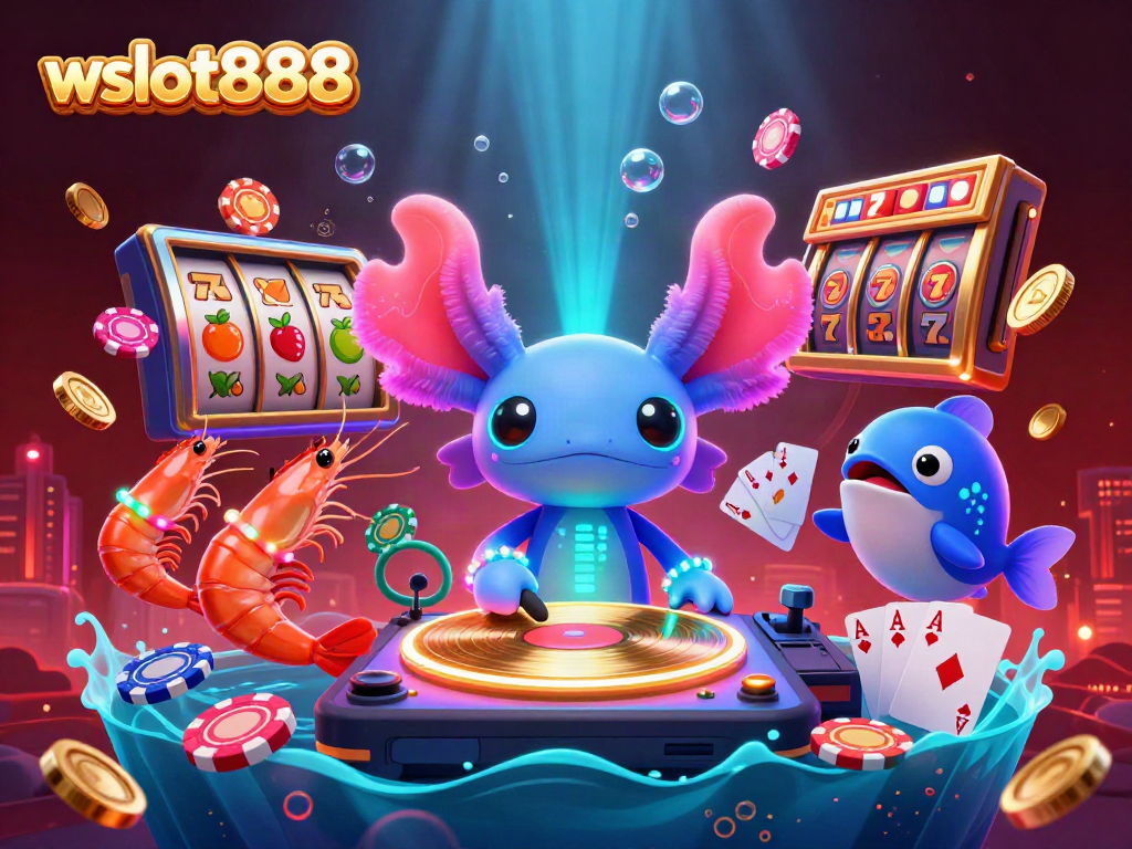 Menggoda peluang kemenangan di wslot888 dengan DJ axolotl neon dan elemen jackpot yang berkilauan.