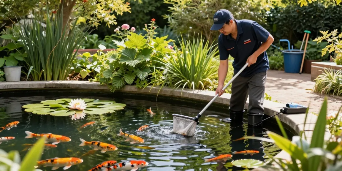 Professional Pond Cleaning London service in a tranquil garden, showcasing expert pond maintenance with clear water and koi fish.