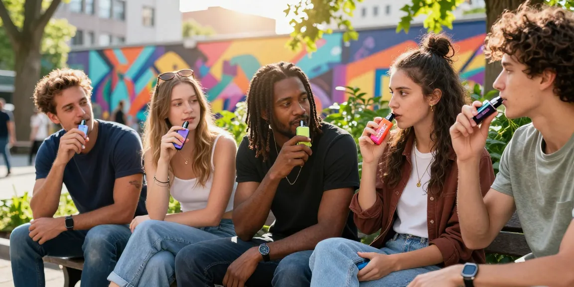 Friends enjoying Hitz infinity Gen 7 disposable vapes in a vibrant urban park.