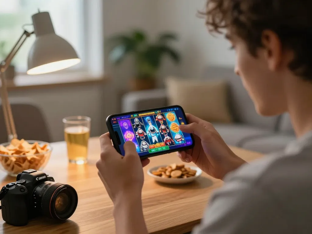 Engaging in the Spaceman slot mobile game with smartphone in a cozy living room setup.