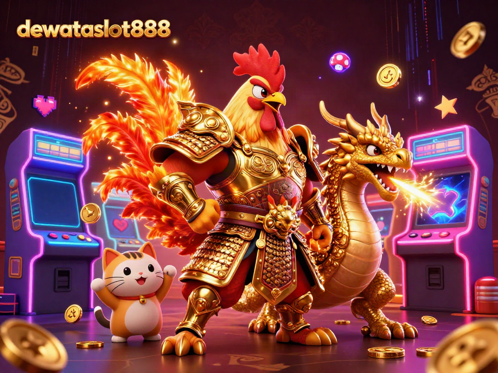 Dewataslot888 menghadirkan ilustrasi aksi menarik dari pejuang ayam jantan dan naga muda dalam turnamen kasino.