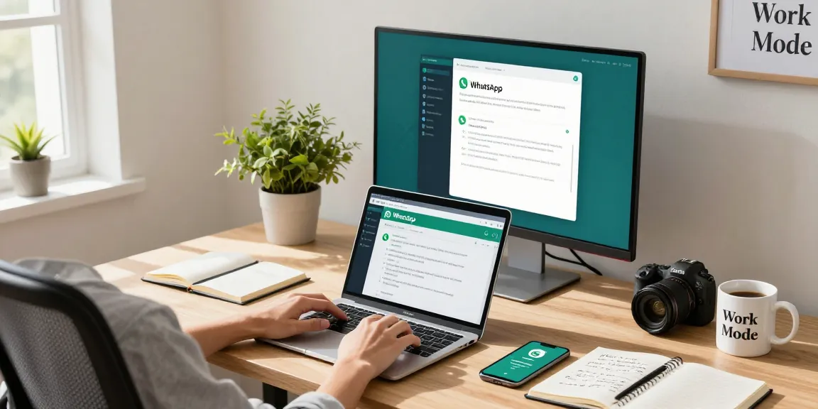 Person using WhatsApp電腦版 in a modern home office setting with a laptop and smartphone.