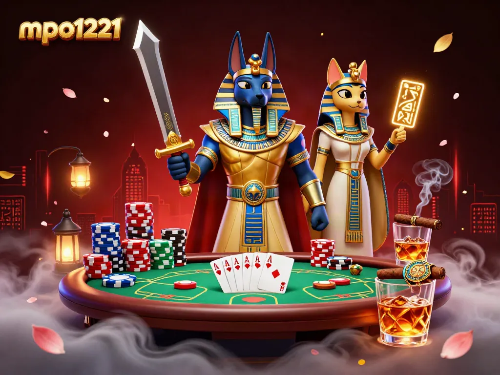 Engage with mpo1221 as Anubis and Bastet command the poker scene with vibrant gaming elements.