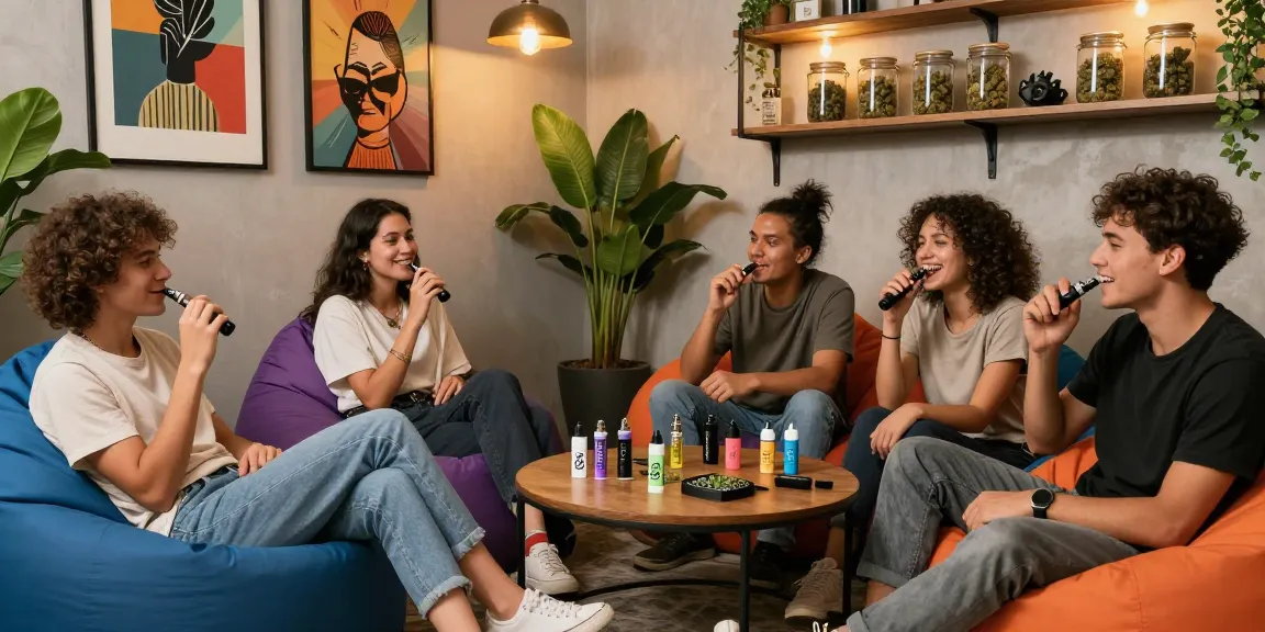 Friends enjoying thc vape products in a vibrant urban lounge setting.