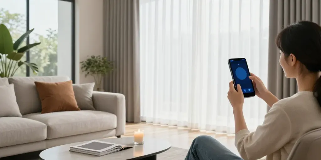 Adjusting پرده برقی هوشمند in a modern living room with smart home setup.