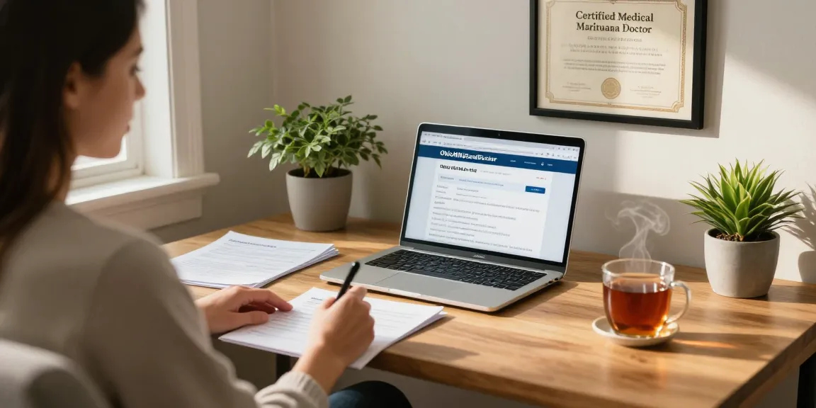 Patient applying for an MMJ card Ohio in a cozy home office setting.