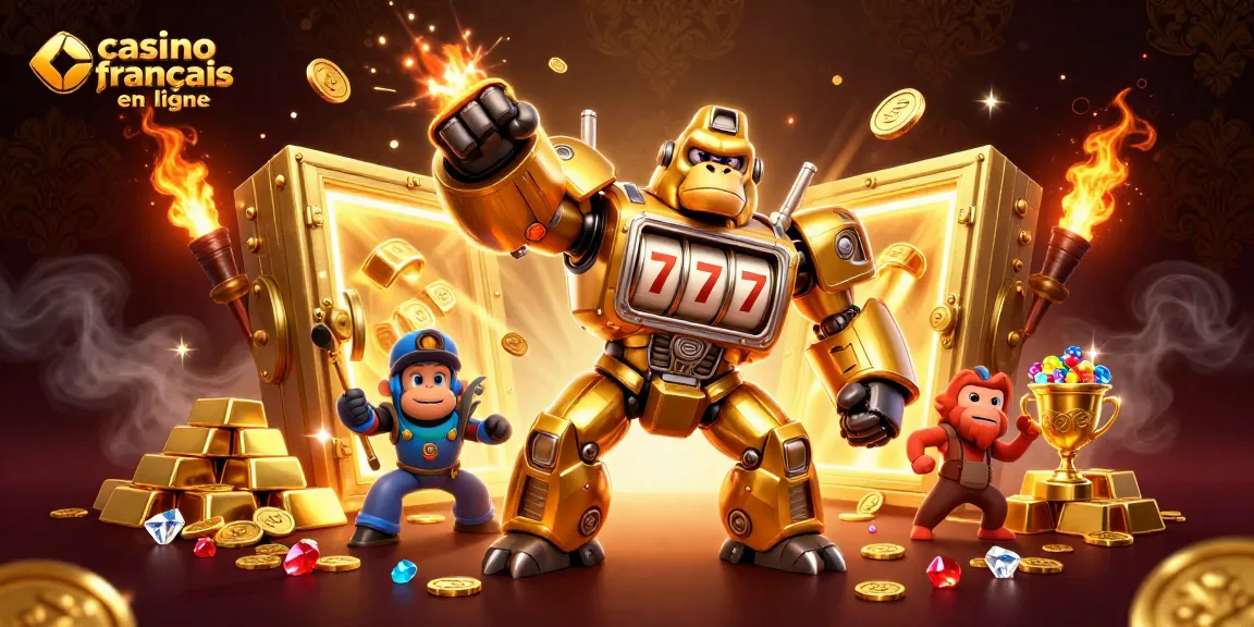 Plongez dans l'univers des casinos francais en ligne avec cette illustration dynamique de machines à sous et trésors.