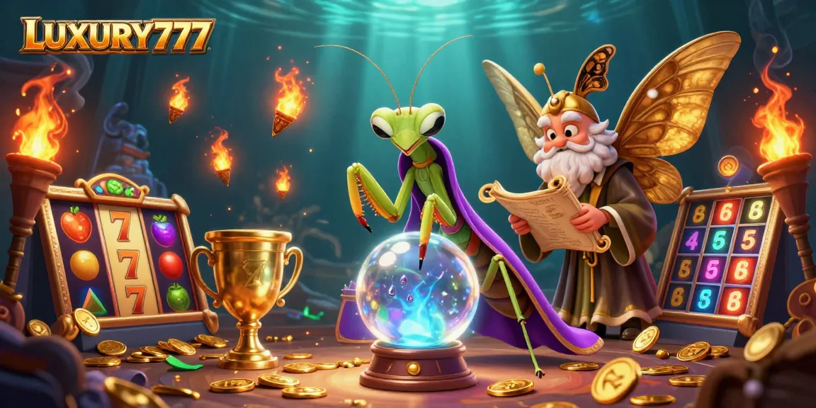 Visualisasi LUXURY777 menampilkan makhluk mitis dengan bola kristal sambil melihat peluang permainan slot di kasino.