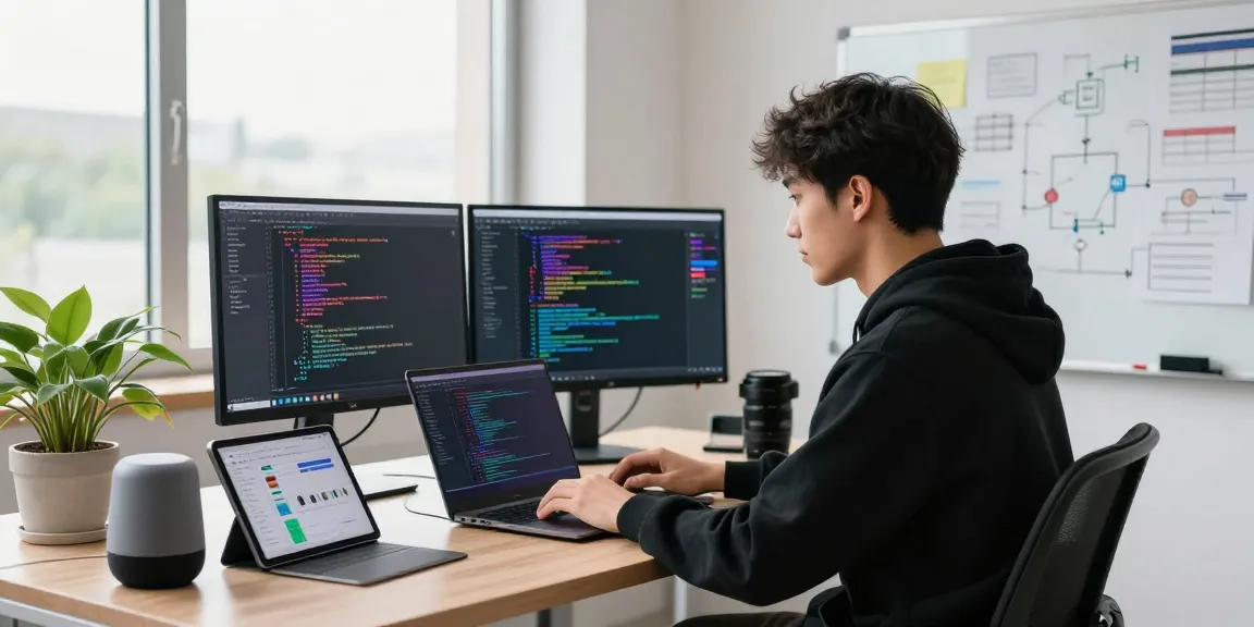 AI prompt image showcasing a tech workspace with a developer coding, vibrant screens, and a creative atmosphere.