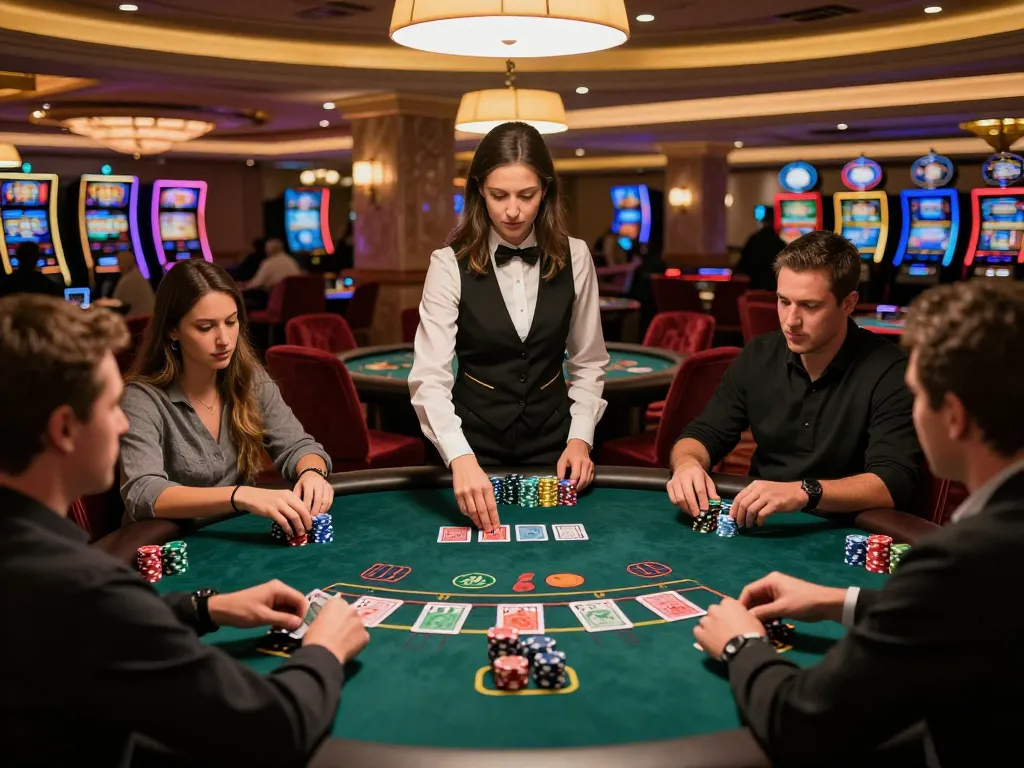 Players strategizing in a vibrant blackjack setting, showcasing S8 gaming experience with colorful chips
