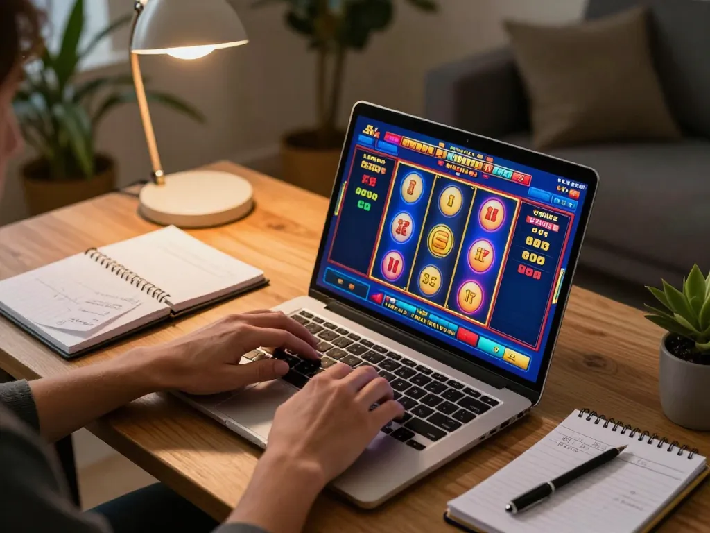 Engaging home gaming scene at XX88 with colorful slot game display and strategic planning.