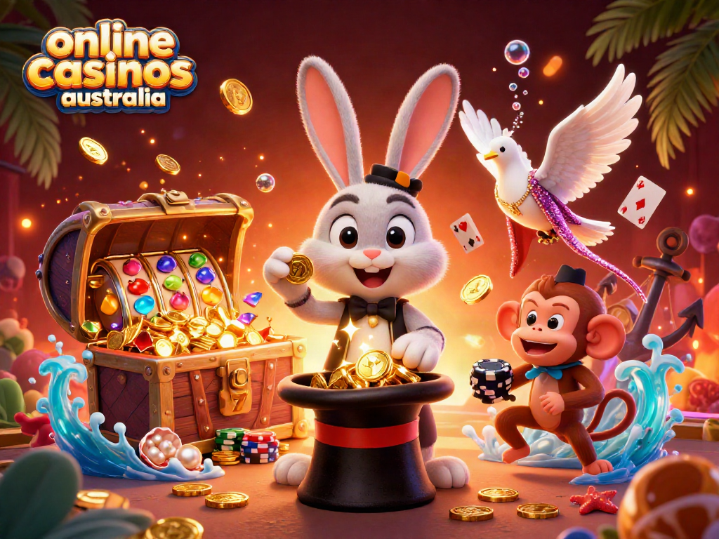 Engage with online casinos Australia through this vibrant 3D illustration featuring games and characters.
