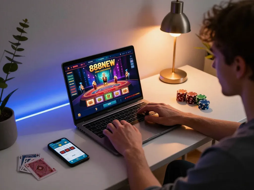 Engaging in online gaming with 888NEW on a high-resolution laptop at a cozy desk.