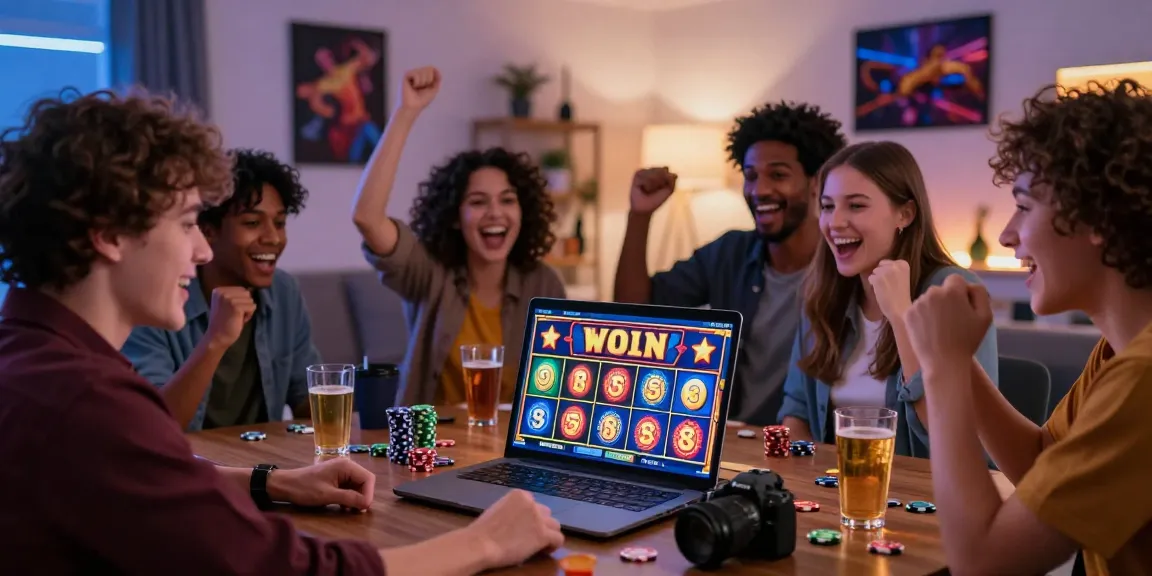 Groupe célébrant devant leur ordinateur portable tout en jouant au casino en ligne le plus payant, entouré de jetons et de boissons dans un salon cosy.