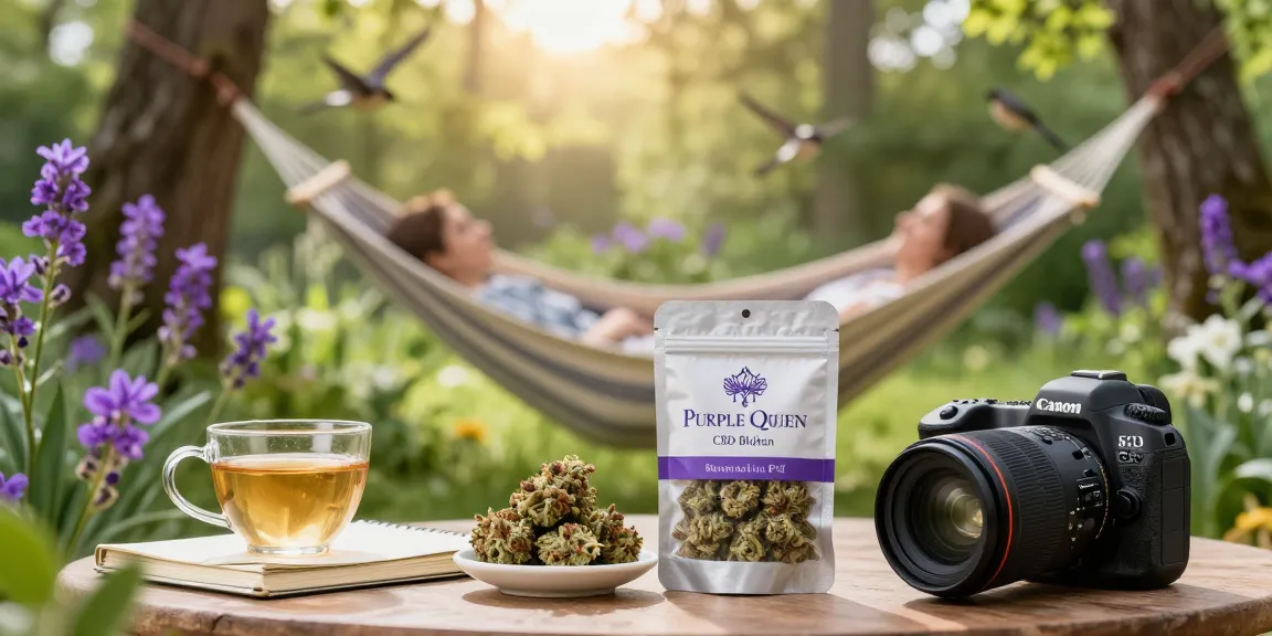 Entspannte Person genießt Purple Queen CBD Blüten in einem Garten mit bunten Blumen.