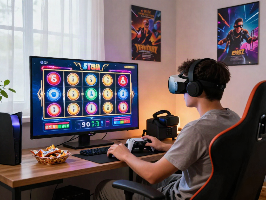 Player enjoying an online slot88 game in a vibrant living room setup.