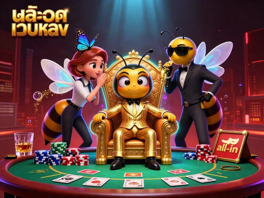 Bet on สล็อตเว็บตรง with vibrant 3D casino illustrations featuring bustling characters and poker elements.