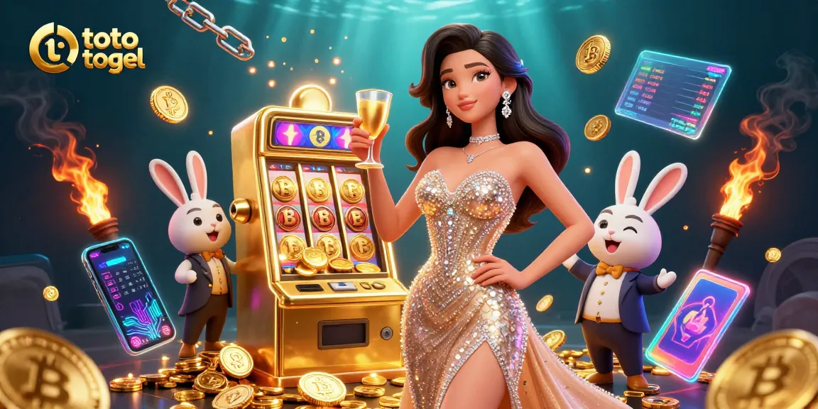 Bermain toto togel dengan visual yang mengasyikkan menampilkan seorang wanita glamor dan elemen slot yang cerah.
