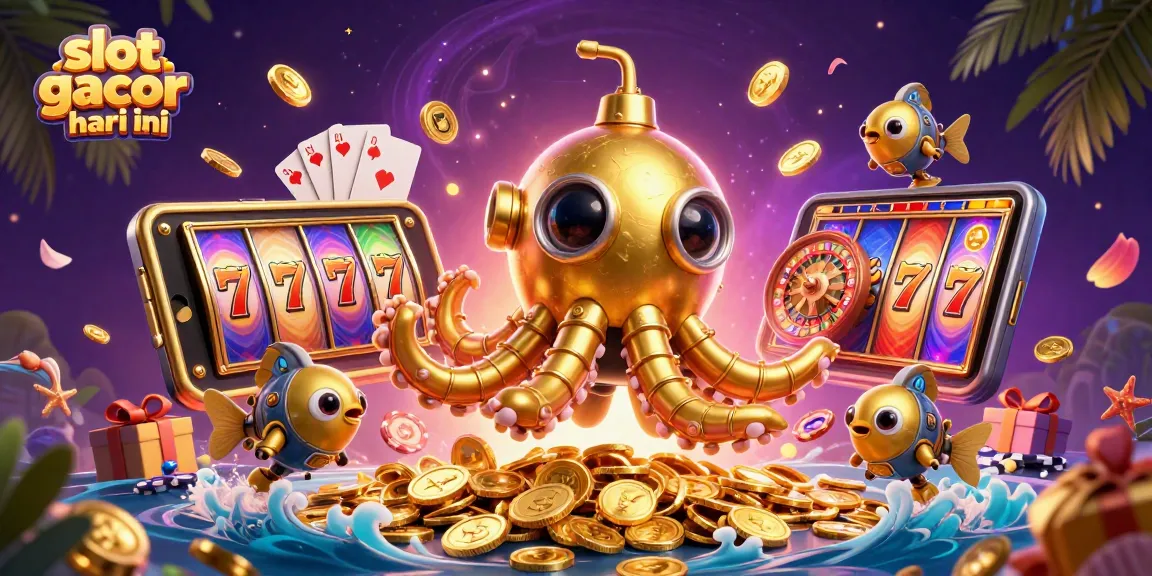 Explore slot gacor hari ini with a captivating scene of a golden kraken submarine amidst coins and gaming elements.