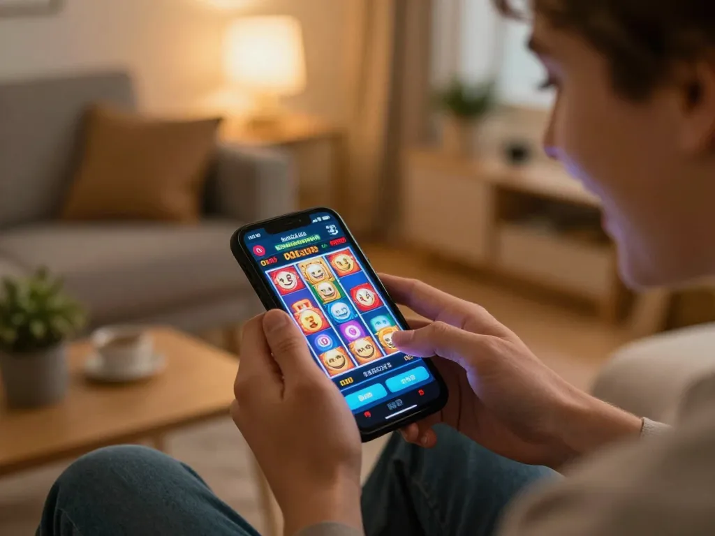 Player enjoying a slot bet 200 perak on a mobile app while tracking their bankroll in a cozy home setting