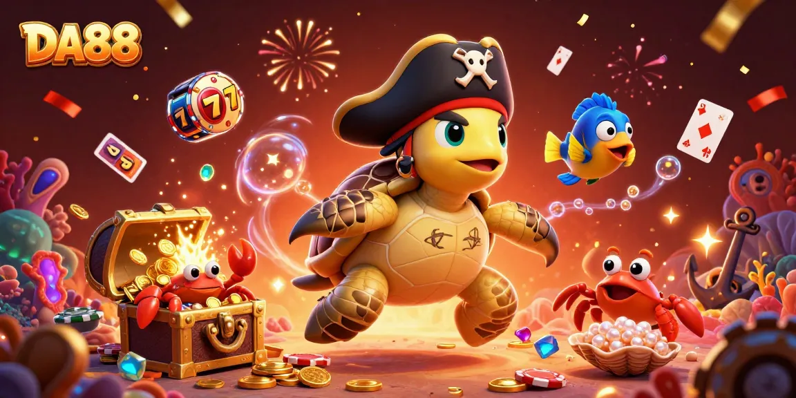 A pirate turtle and friends celebrate DA88's exciting games amidst casino treasures in a vibrant underwater scene.